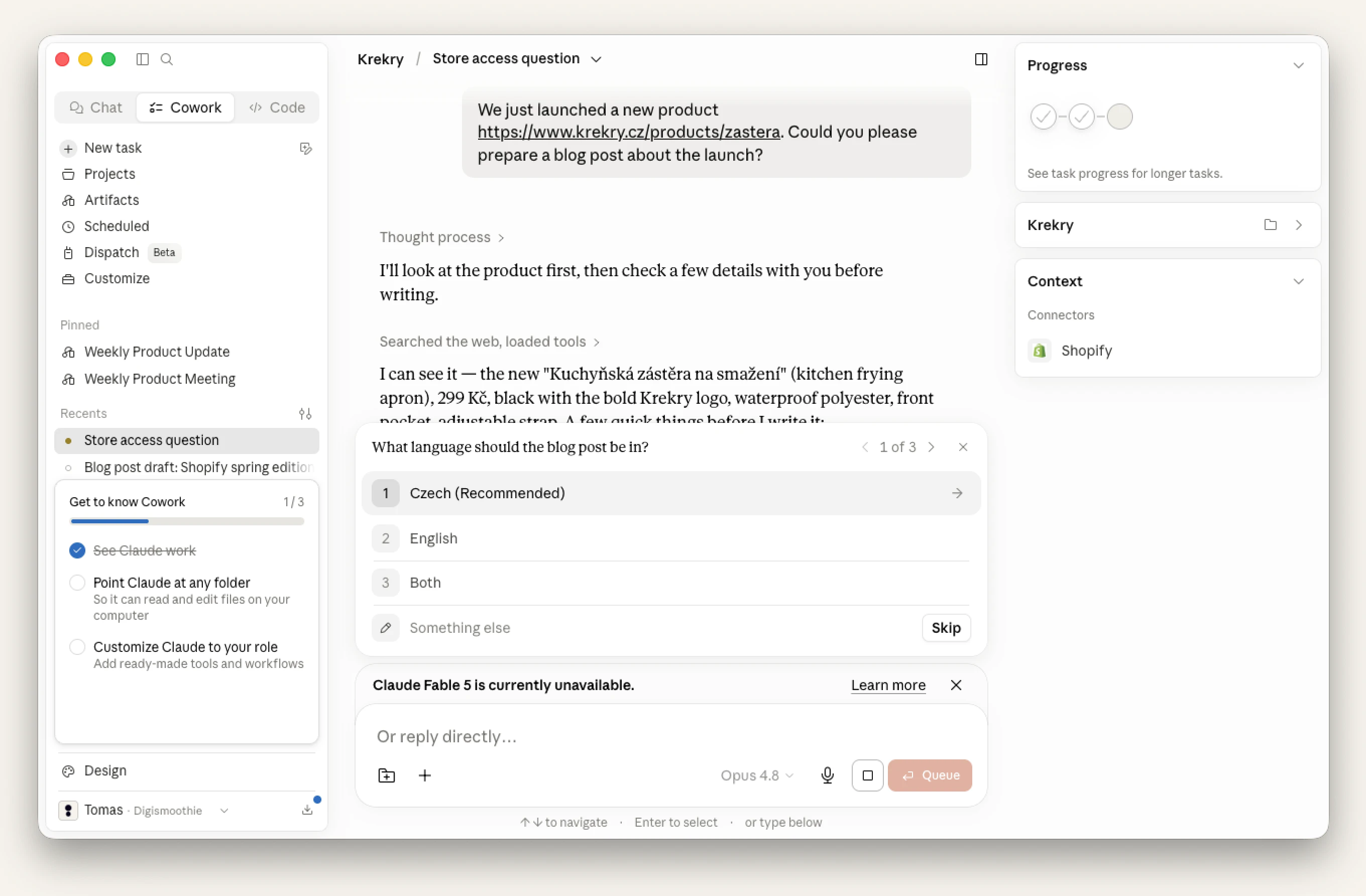 Claude Cowork + Shopify connector in action.