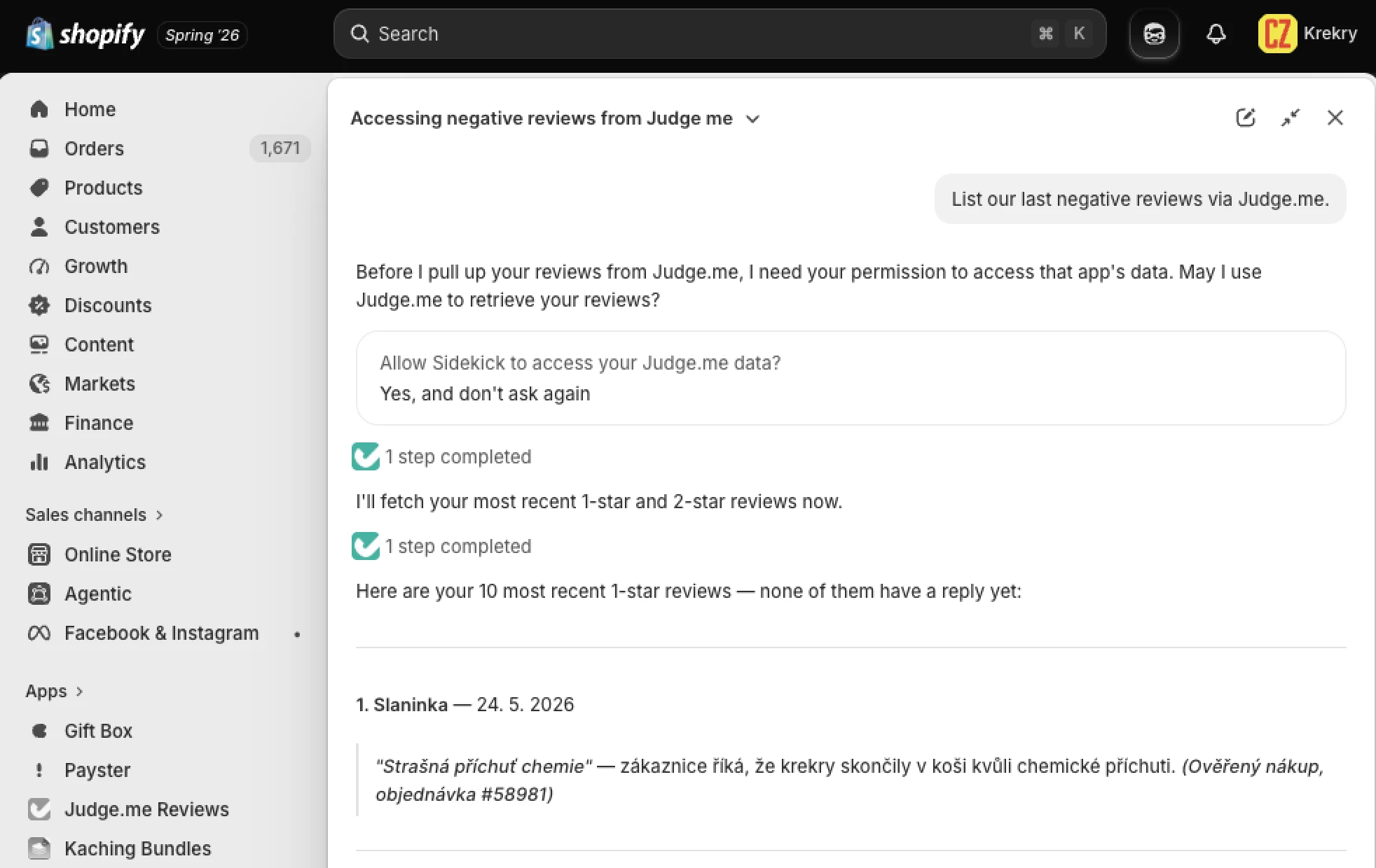 Asking Sidekick for the last negative reviews through Judge.me.
