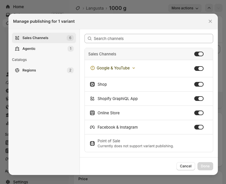 Managing variant-level visibility inside the Shopify admin.