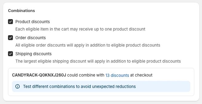 Shopify discounts can be combined on three levels: product, order, and shipping.