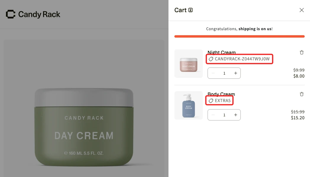 An example of combined product-level discounts inside the Candy Rack slide cart.
