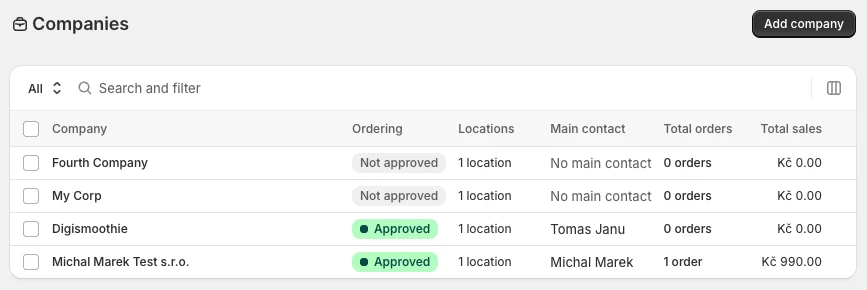 Companies overview inside the Shopify admin.