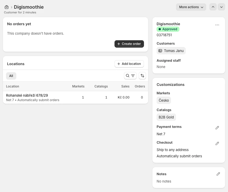 Each company can have a custom pricing (catalog), payment terms, locations, etc.