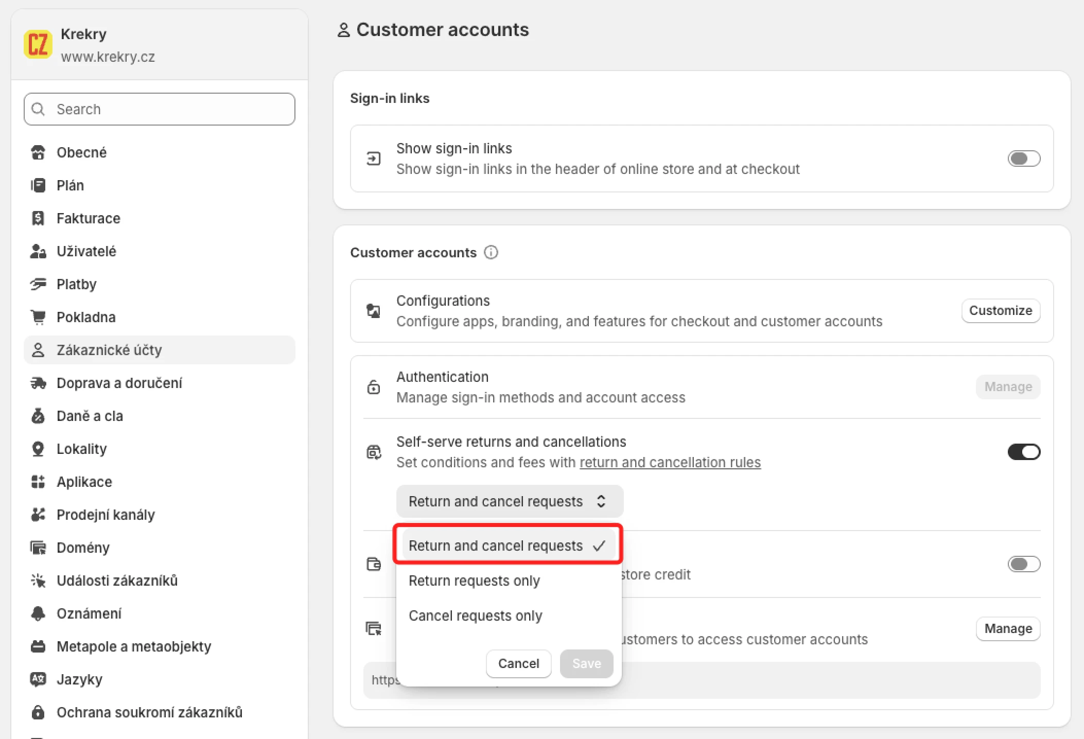 Povolení vratek a refundů v Shopify administraci.