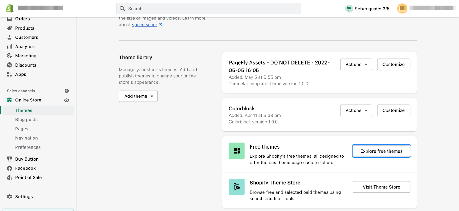 Administrace Shopify, nabízející sekce objednávek, produktů, kolekcí, přehledů, marketingu, aplikací a mnoho dalšího. Administrace také obsahuje možnost přechodu do editoru šablony, nastavení navigace a také obecná nastavení.