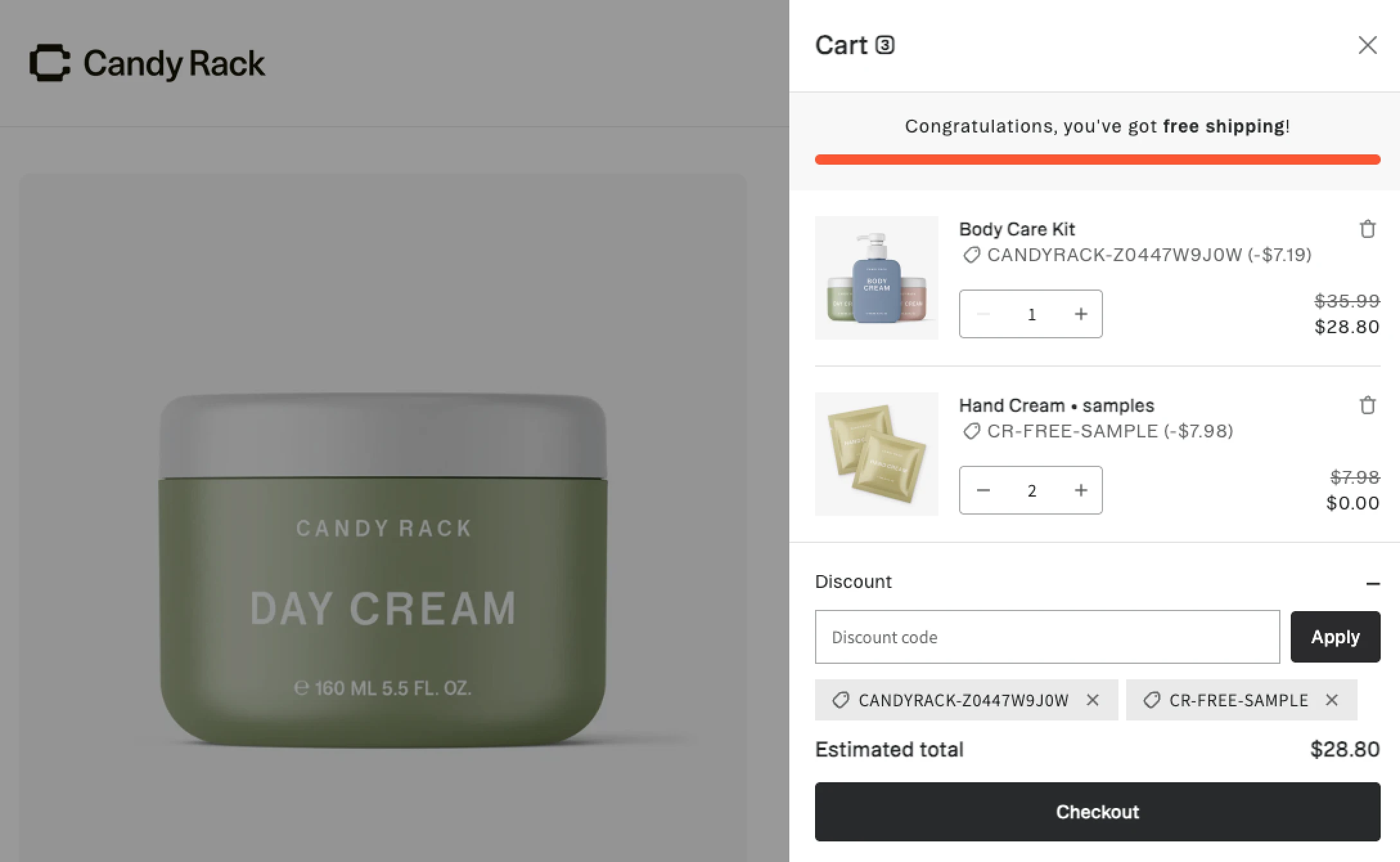A live example of the discount input field on our demo store.