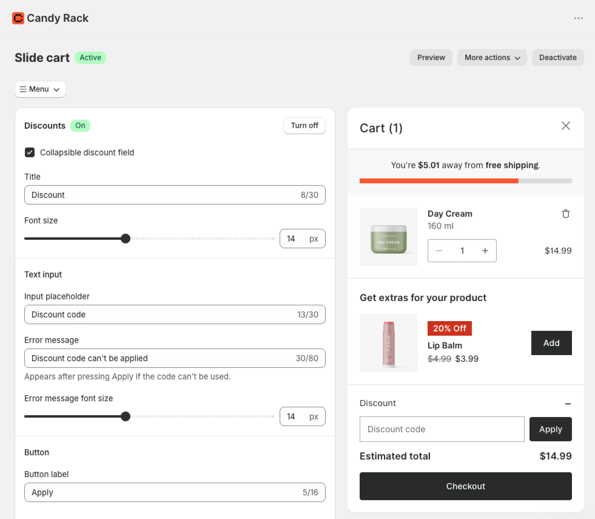 Discount settings as part of the Candy Rack slide cart admin.