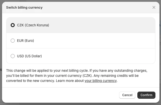 Changing the billing currency in Shopify admin.