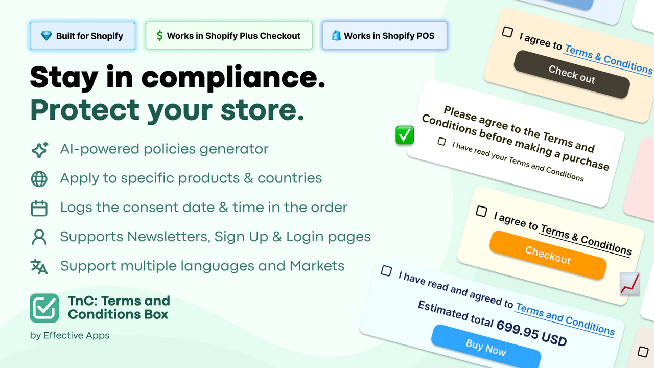 TnC: Terms and Conditions Box app interface for Shopify