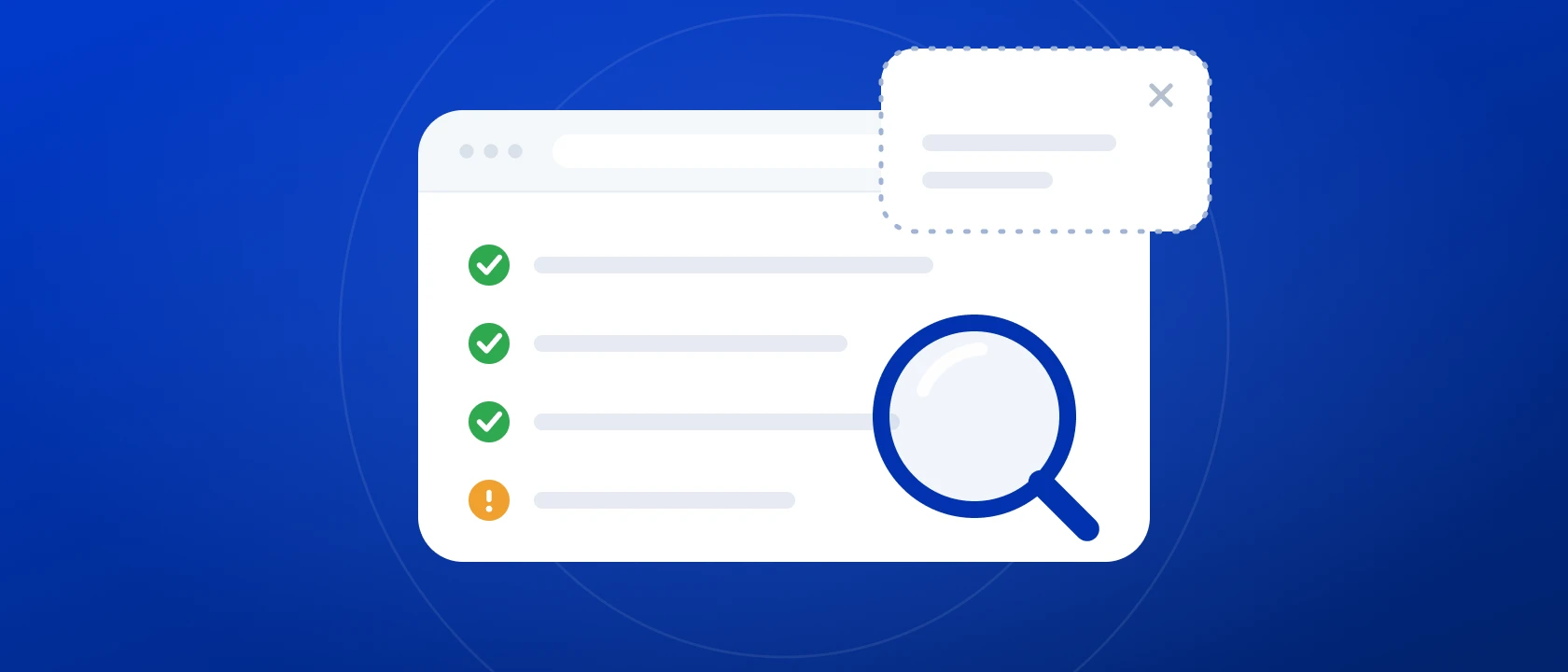 A browser window showing three passing accessibility checks and one flagged issue, with a magnifying glass over the page and a pop-up window floating outside it
