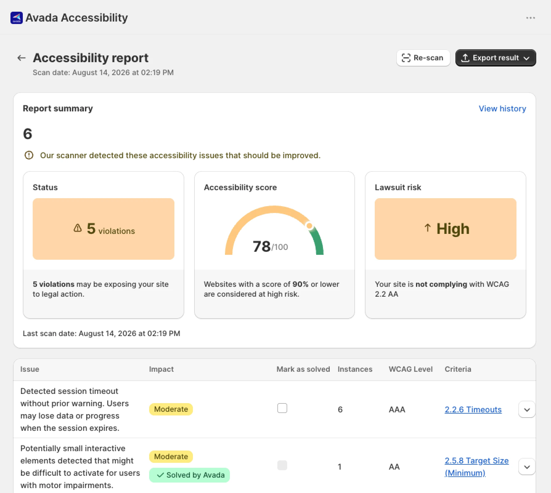 Results from accessibility scanner for Shopify stores by Avada.