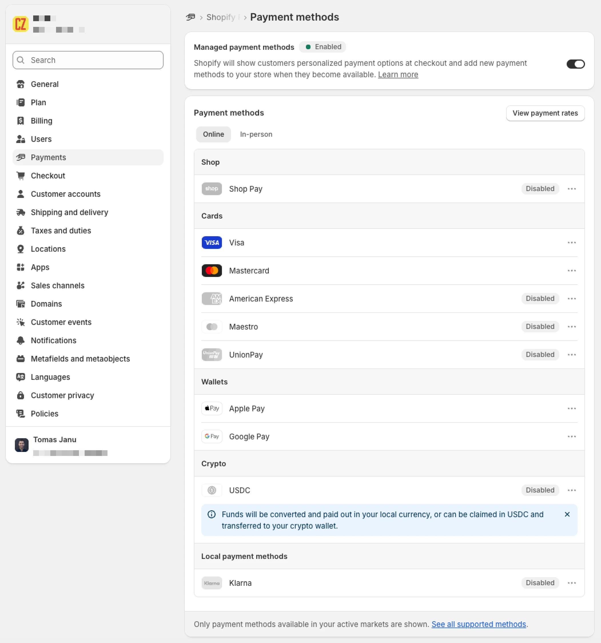 Payment method settings inside Shopify Payments.