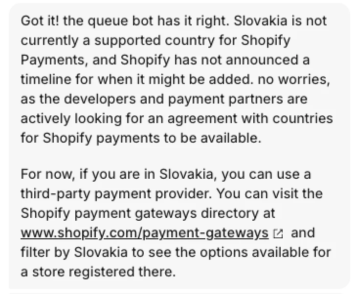 Shopify support’s reply to a question about Shopify Payments in Slovakia.