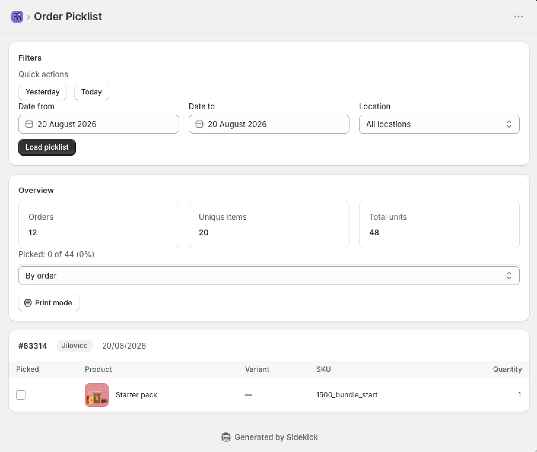 An example of a custom Order Picklist app fully made by Sidekick.