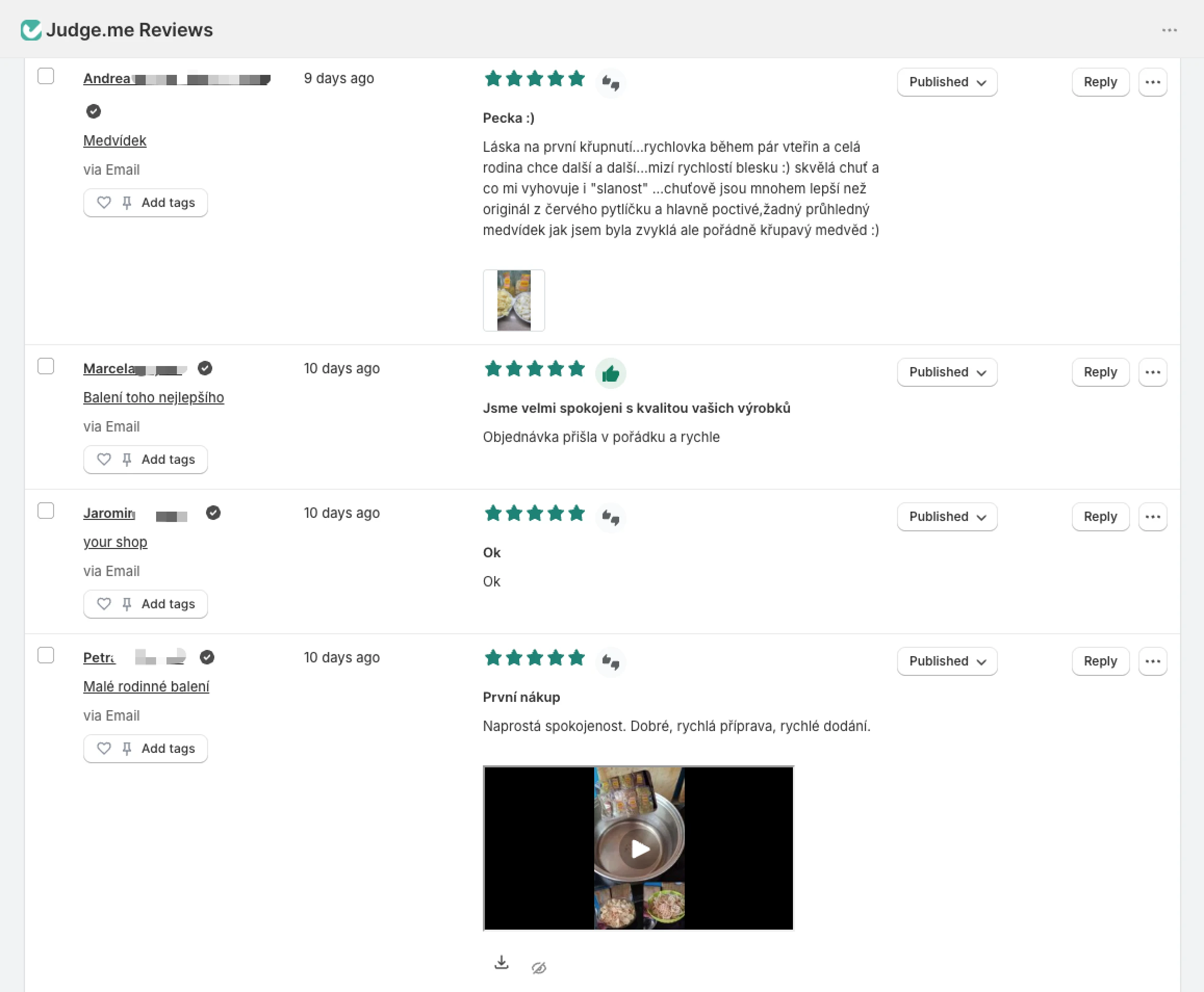 Managing product reviews in Judge.me app.