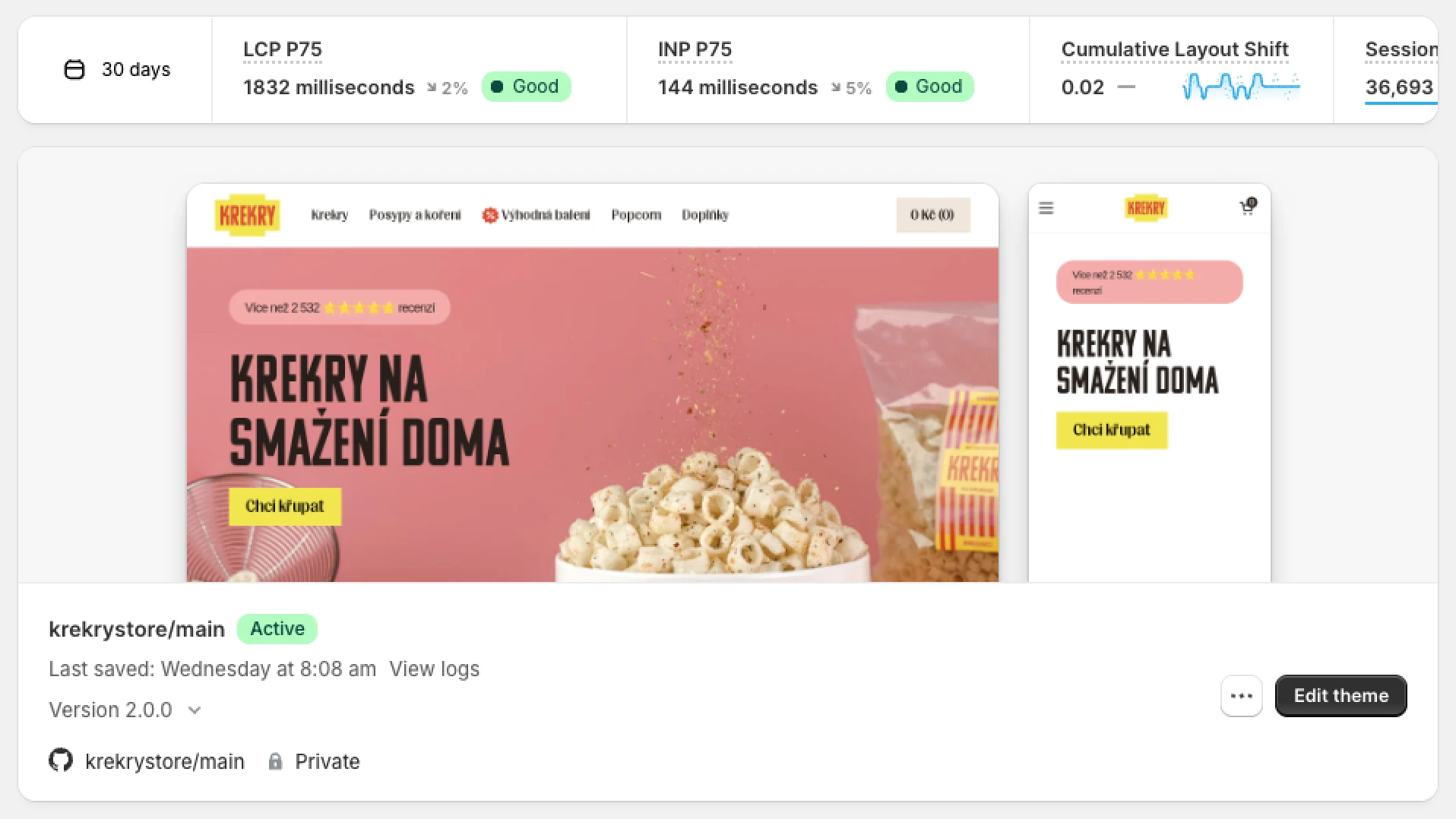 Shopify theme connected to GitHub (note the GitHub logo in the bottom-left corner).