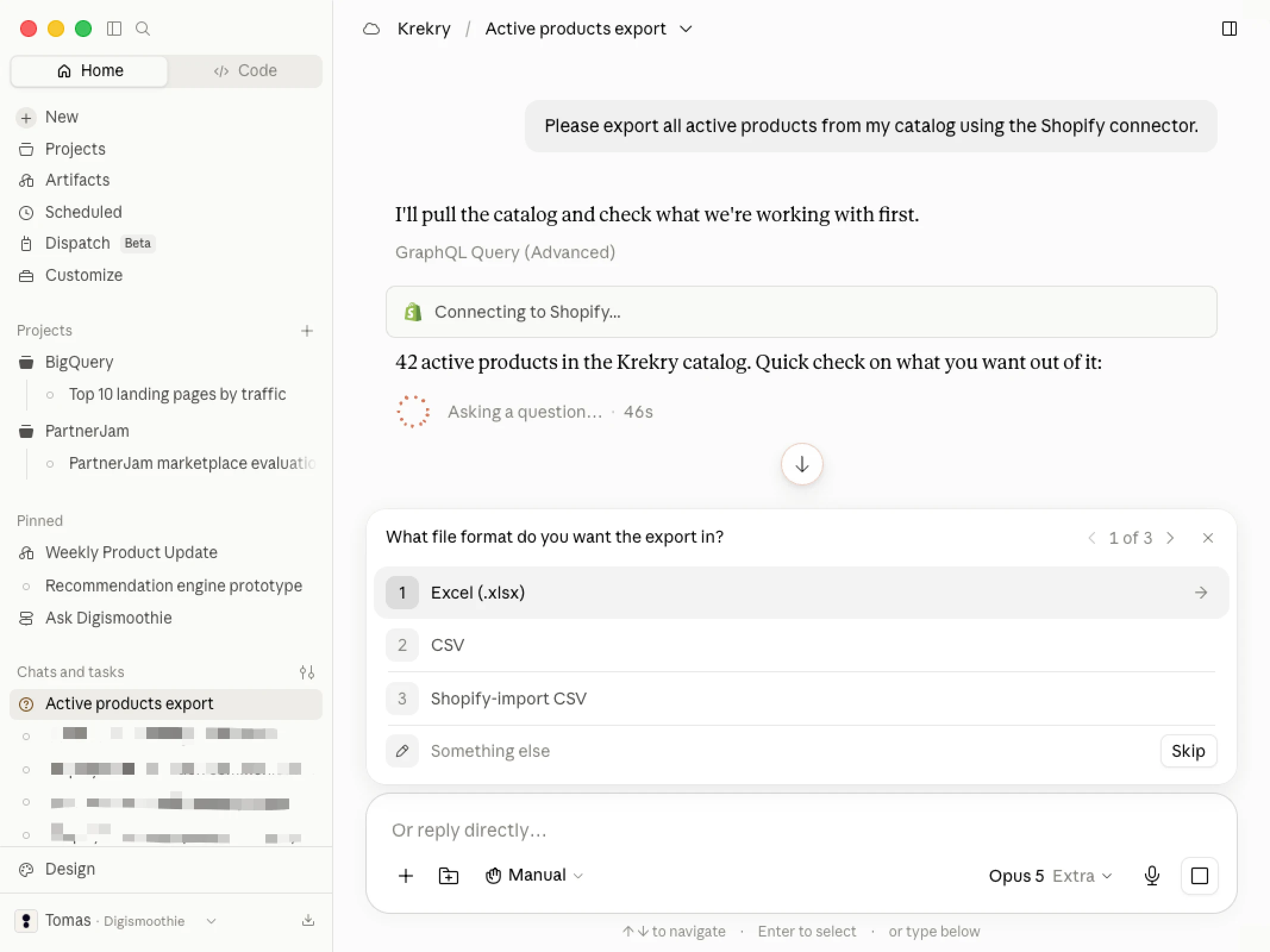 Exporting product catalog in Claude via Shopify MCP connector.