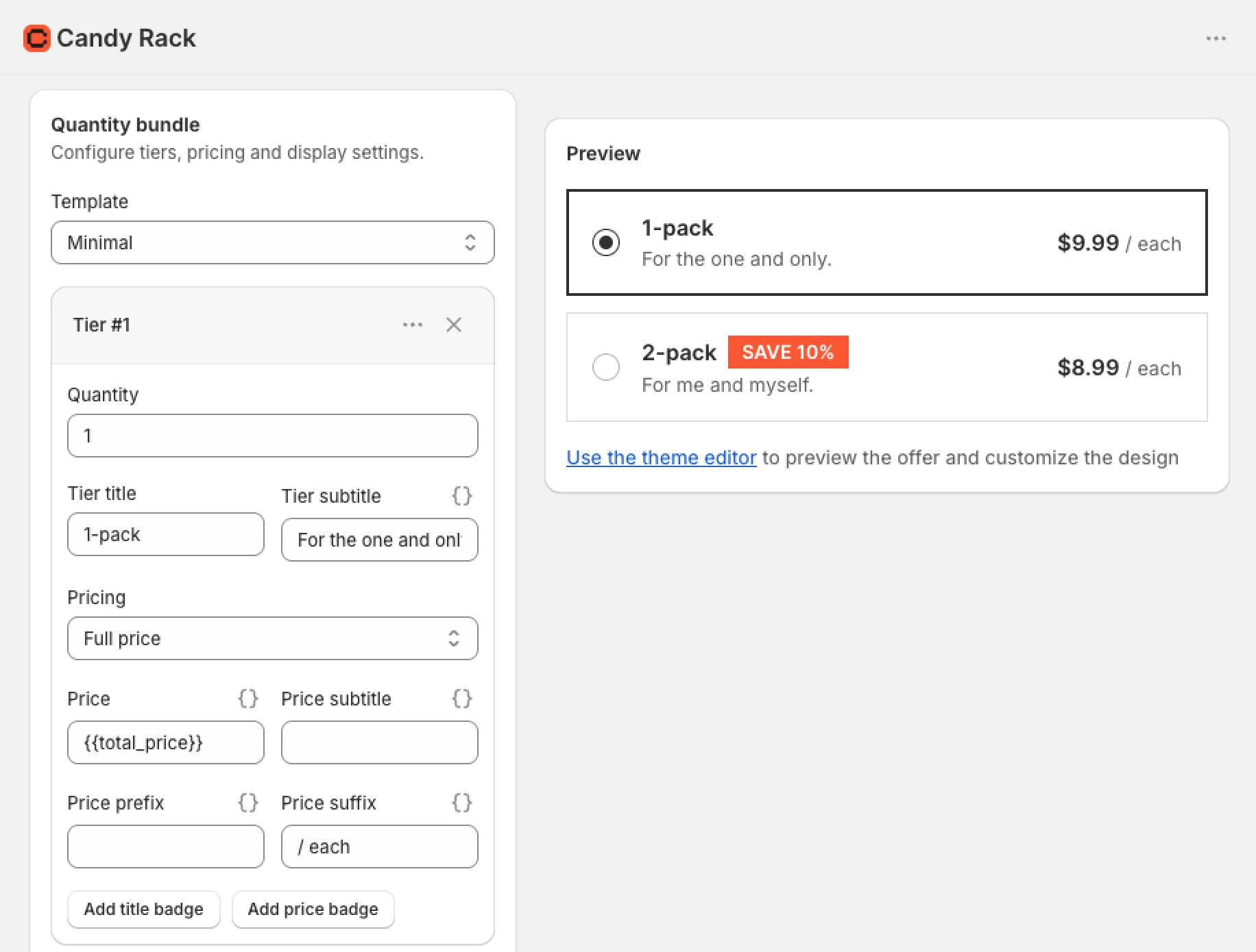 Creating bundle offer from the Candy Rack admin.