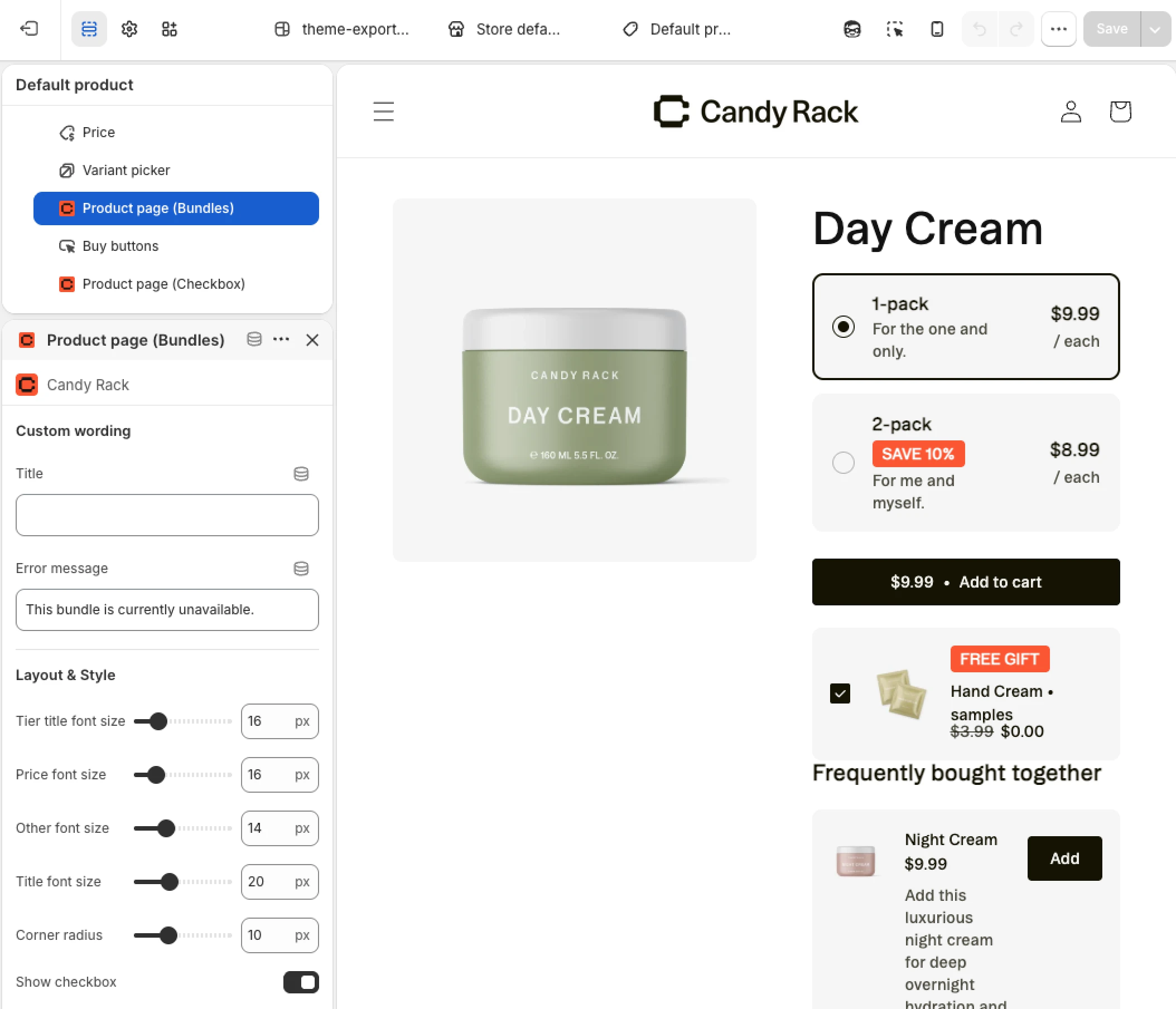 Customizing Candy Rack bundle block in the Shopify theme editor.