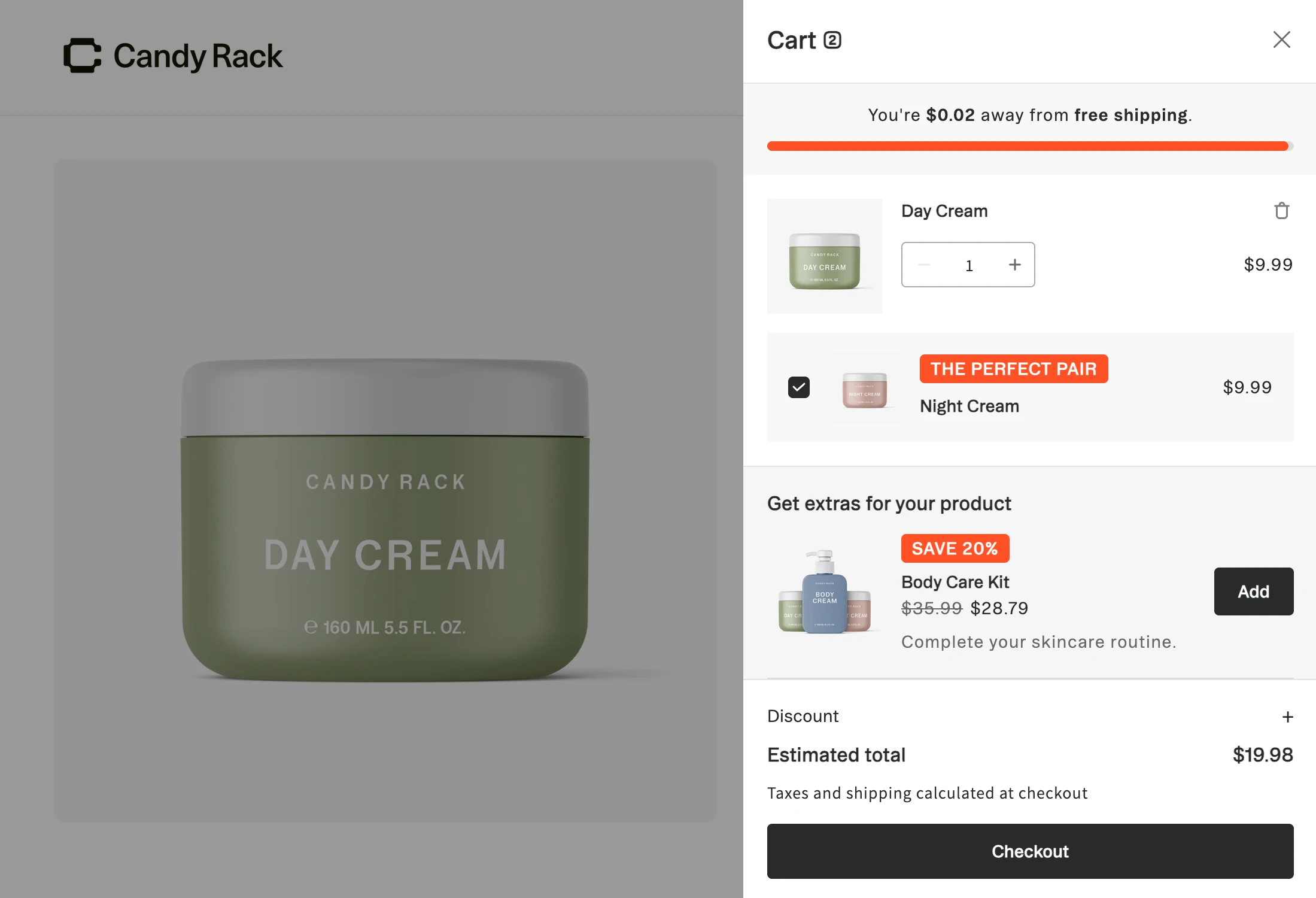An example of the line item upsell on Candy Rack demo store.