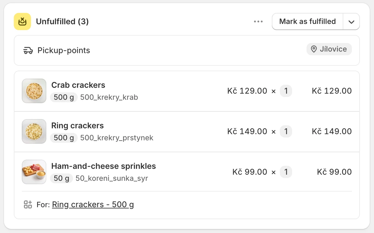 Nested line item displayed in the order detail in Shopify admin.