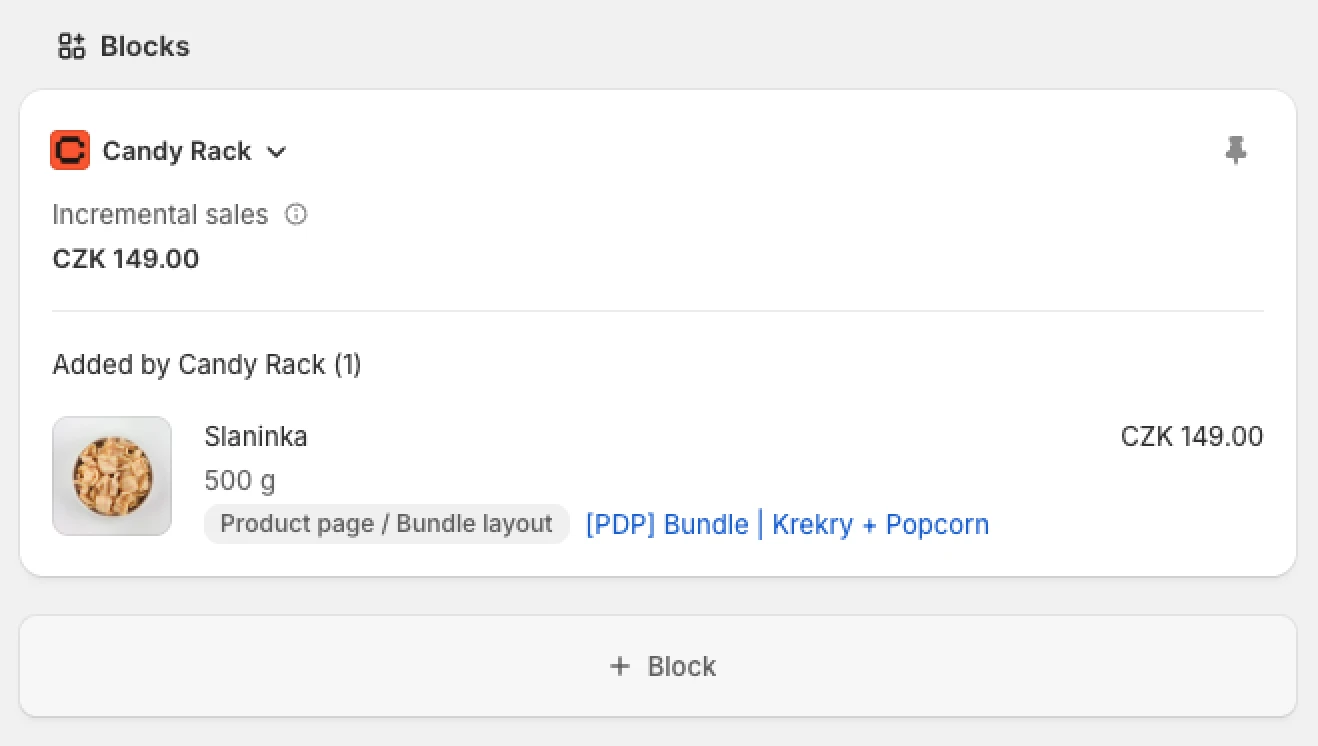 An example of the Candy Rack block on the order detail page in Shopify admin.