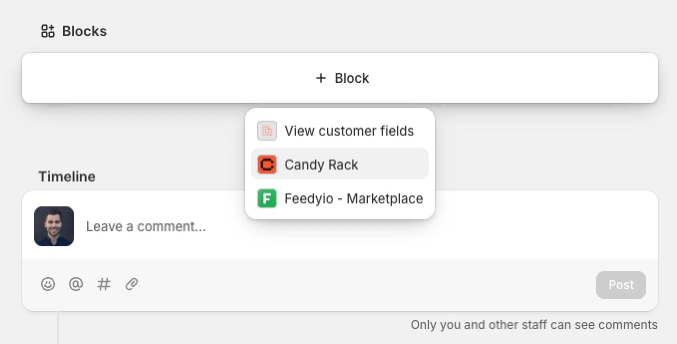 Adding the Candy Rack block to order detail in Shopify admin.