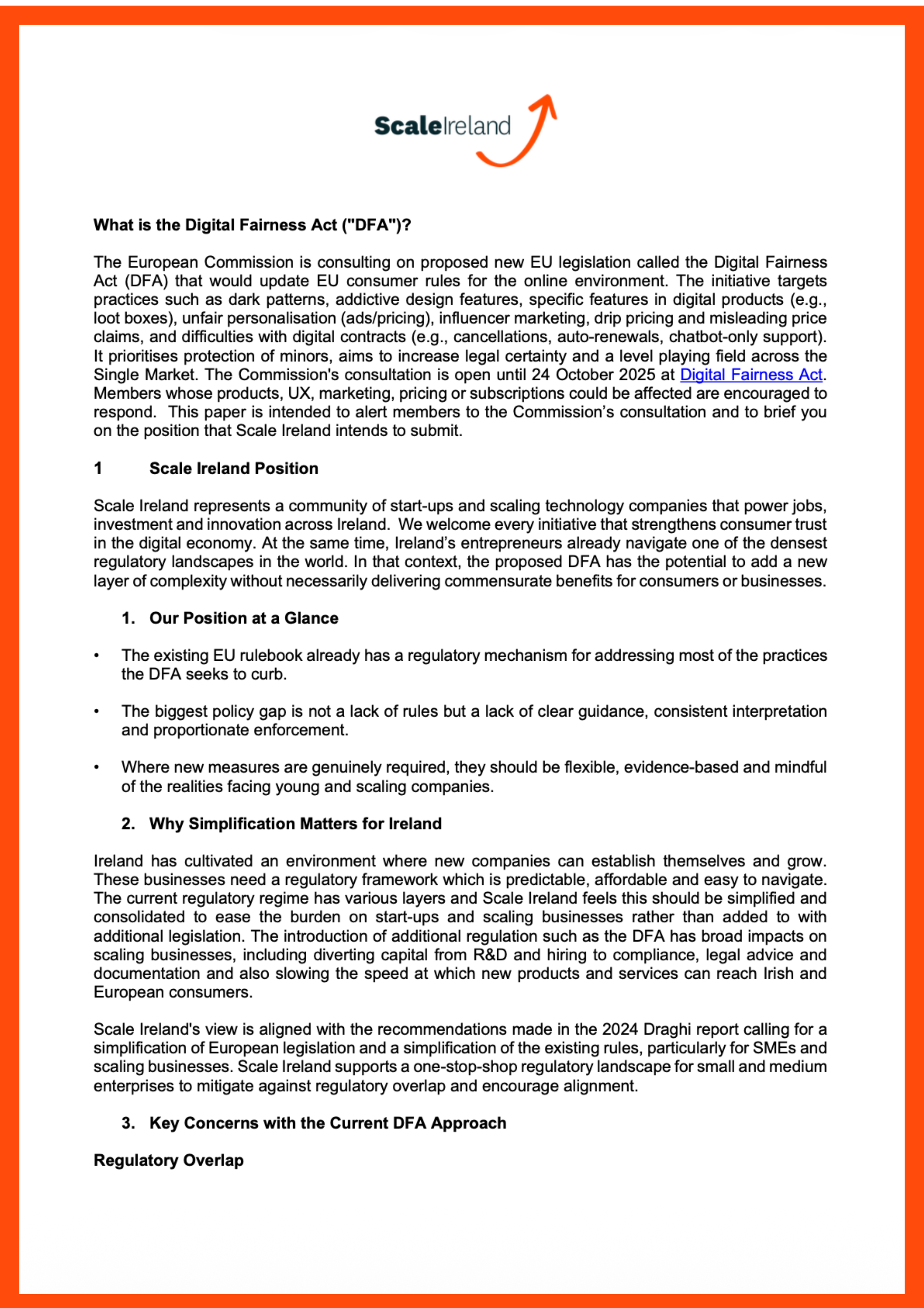Scale Ireland DFA Position Paper