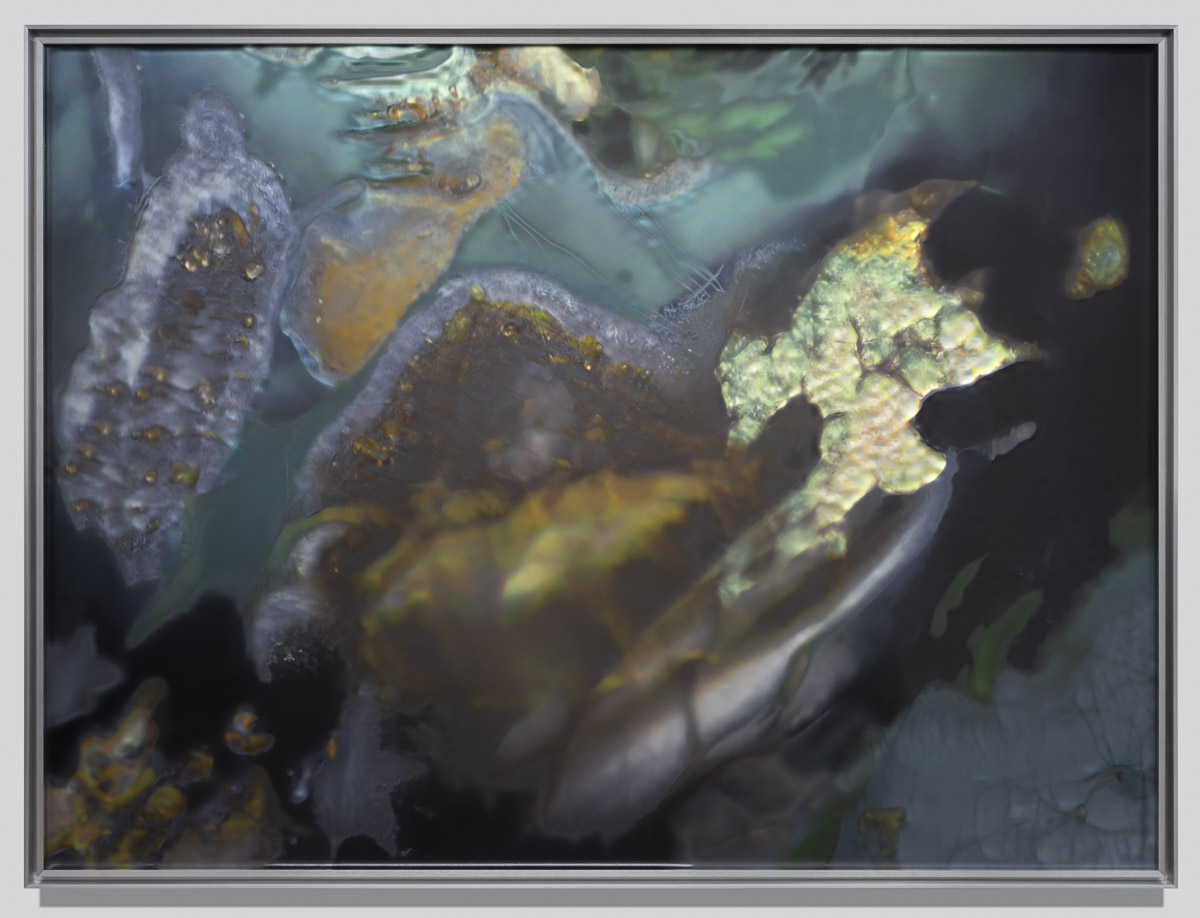 An abstract painting. Aquamarine, and rusty yellows with hints of iridescence. 