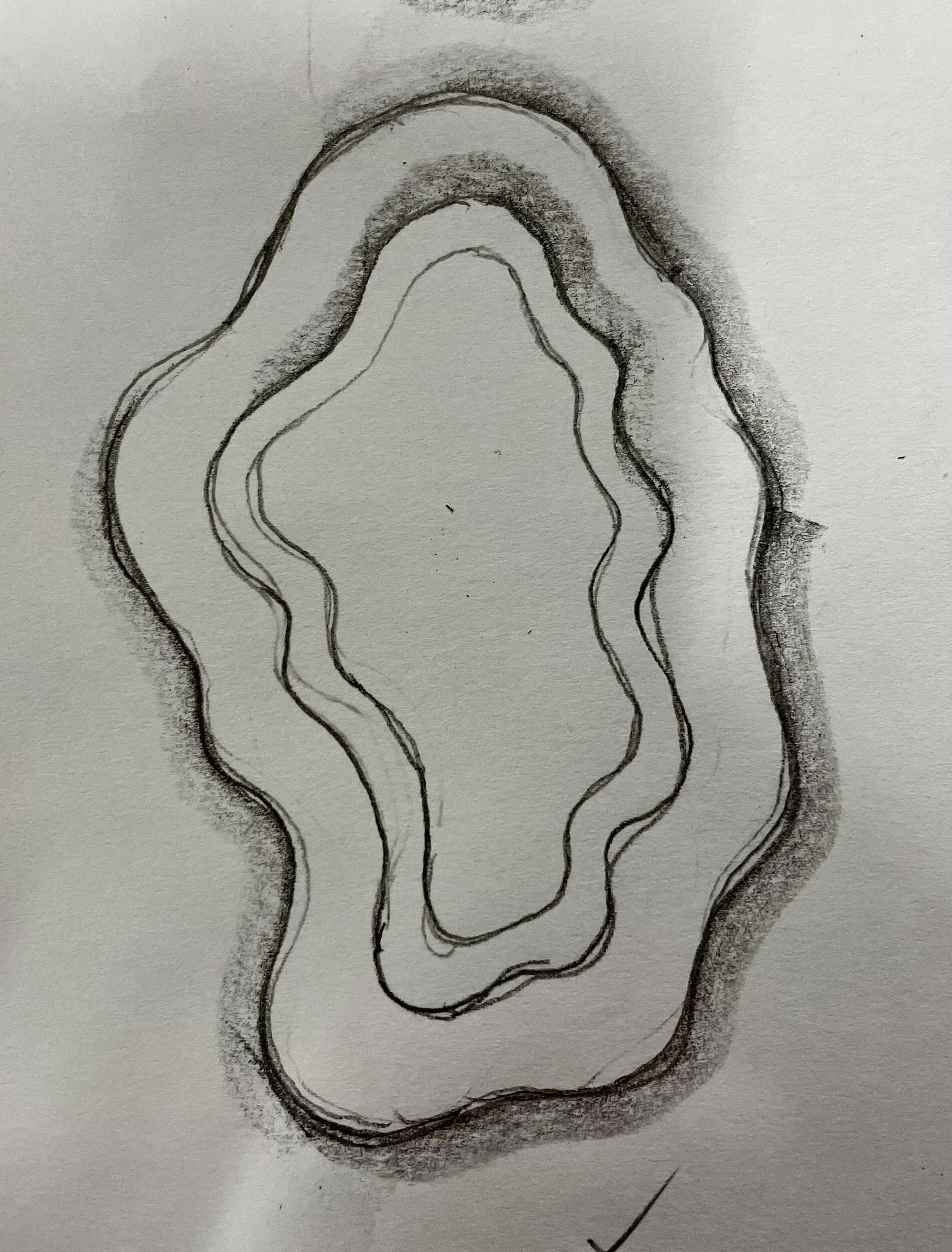 A pencil drawing of an organic shaped art frame 