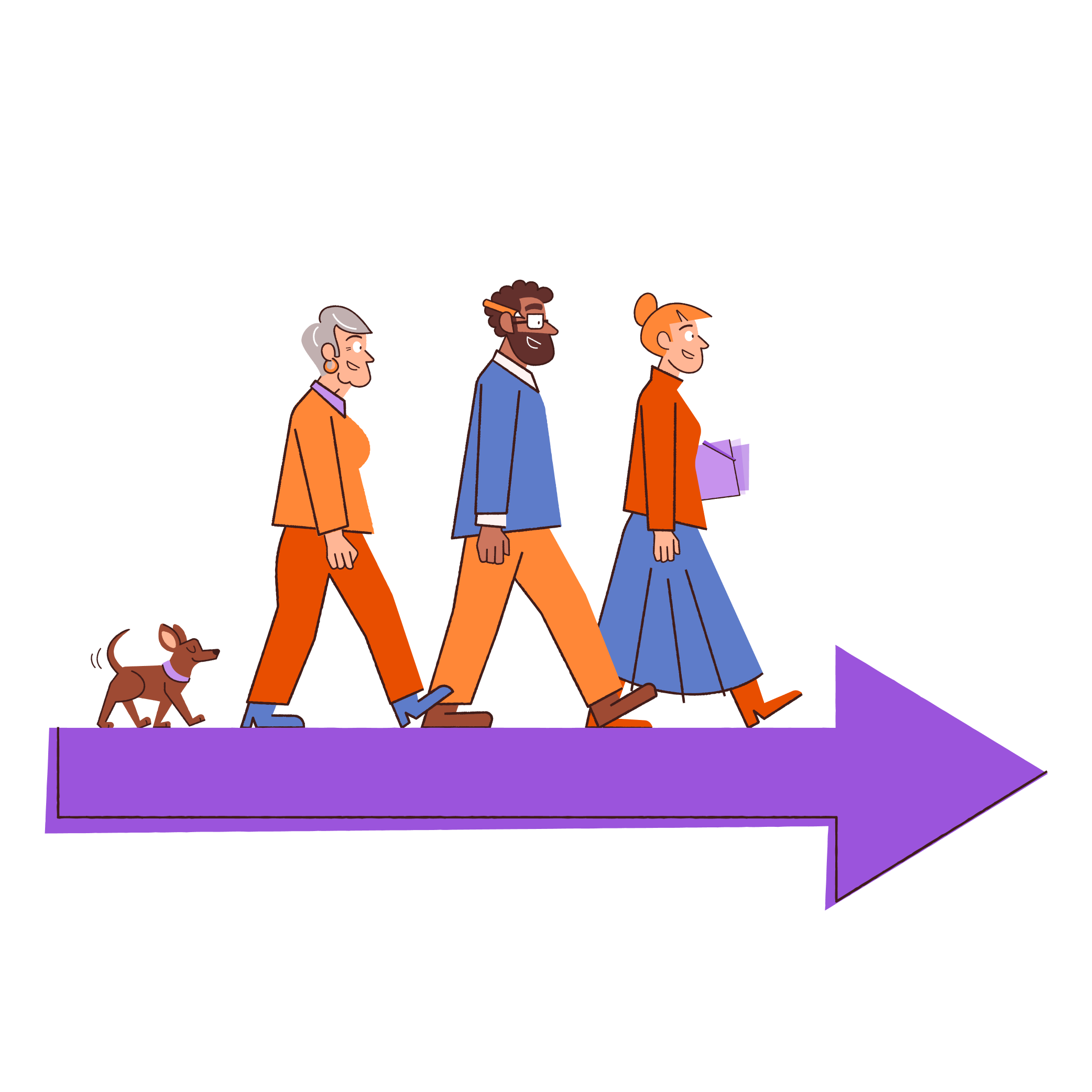 Three colleagues and a small dog walking forward together along a large arrow