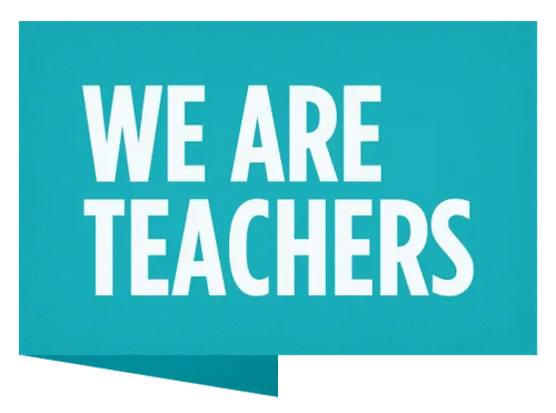 Blue speech bubble with white bold text reading 'WE ARE TEACHERS'.