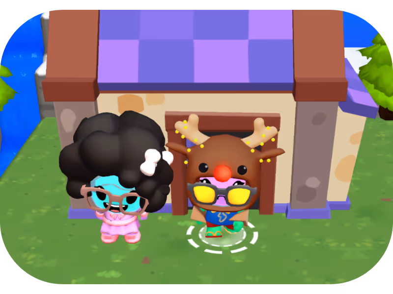 Two colorful cartoon characters standing in front of a purple-roofed house on grass, one with large black hair and glasses, the other dressed in a reindeer hat with yellow glasses.