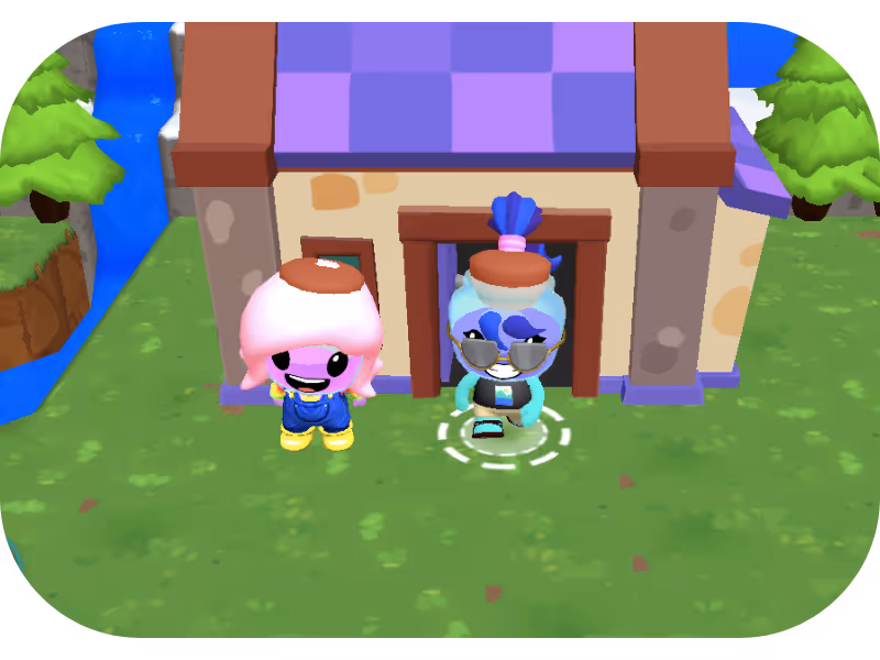 Two colorful animated characters with hats standing on green grass in front of a small house with a purple roof and blue door.