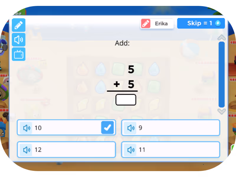 Math addition question asking to add 5 plus 5 with answer options 10, 9, 12, and 11, with 10 selected.