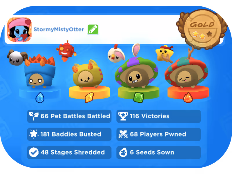 Game stats for player StormyMistyOtter showing four cartoon pets with their elemental icons and achievements including 66 pet battles battled, 116 victories, 181 baddies busted, 68 players pwned, 48 stages shredded, and 6 seeds sown, with a gold medal badge.