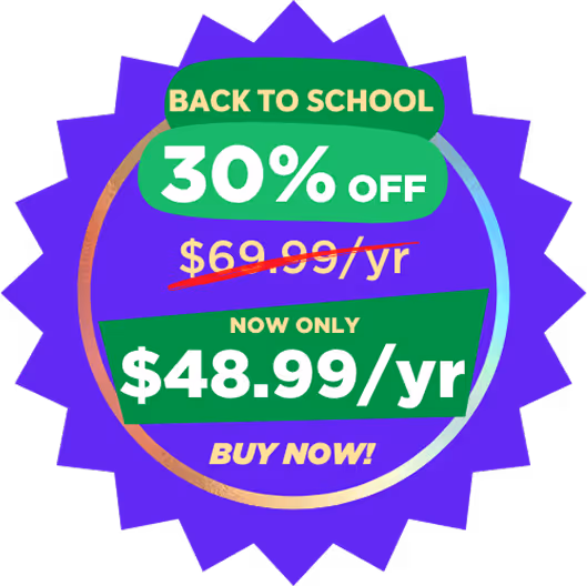 Purple starburst badge with a brain wearing a graduation cap and text announcing a Back to School Brain Boost Sale with $10 off, reducing price from $69.99/yr to $59.99/yr.