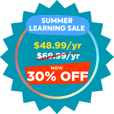 Purple starburst badge with a brain wearing a graduation cap and text announcing a Back to School Brain Boost Sale with $10 off, reducing price from $69.99/yr to $59.99/yr.