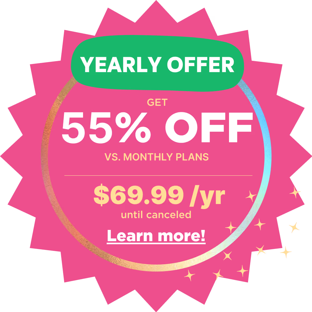 Purple starburst badge with a brain wearing a graduation cap and text announcing a Back to School Brain Boost Sale with $10 off, reducing price from $69.99/yr to $59.99/yr.