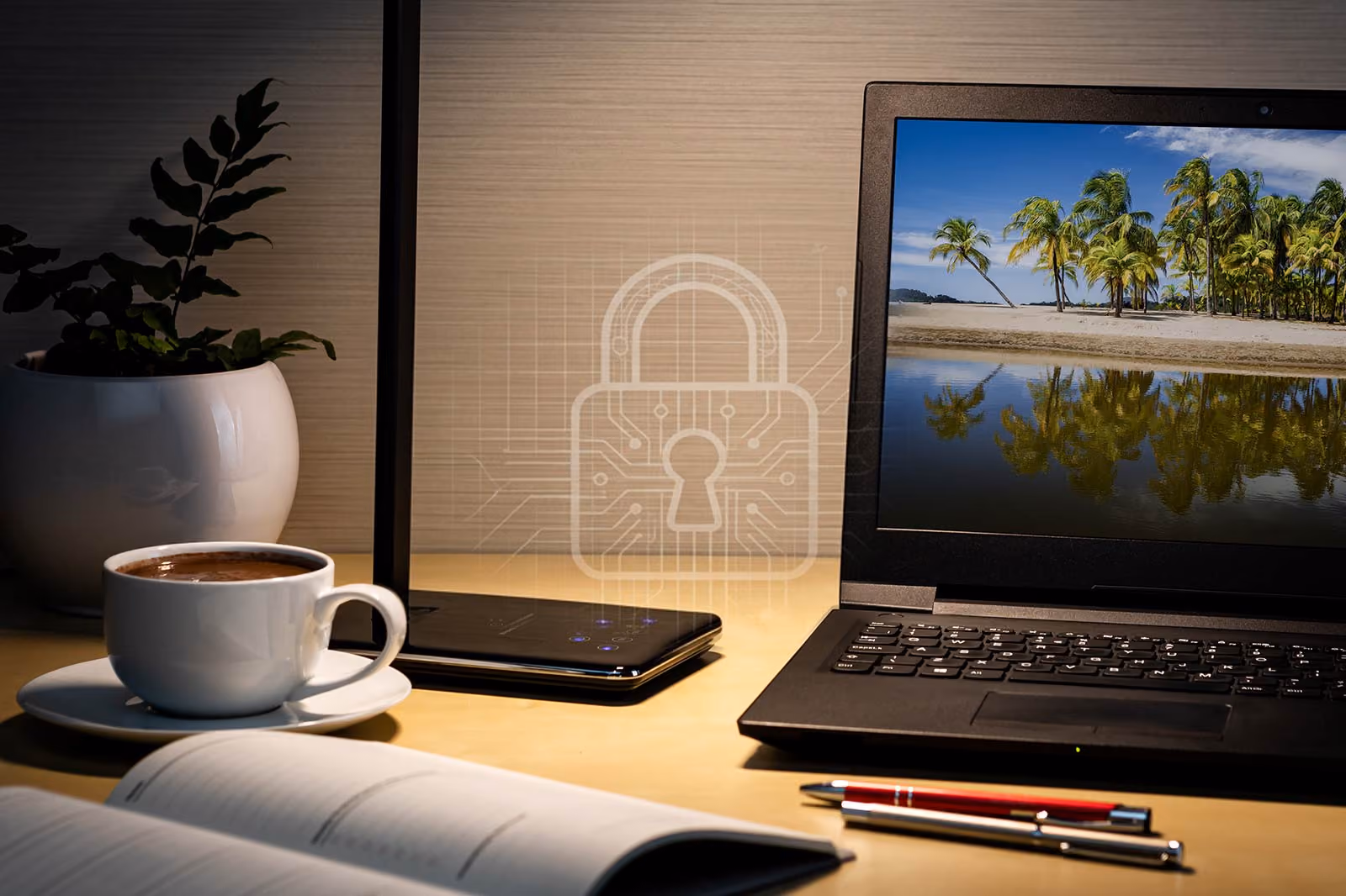Small business workspace with a laptop and a digital padlock icon illustrating website cybersecurity and data protection.