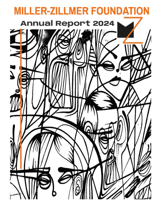 Cover with black sketches and bold orange letters of annual report/ foundation. 