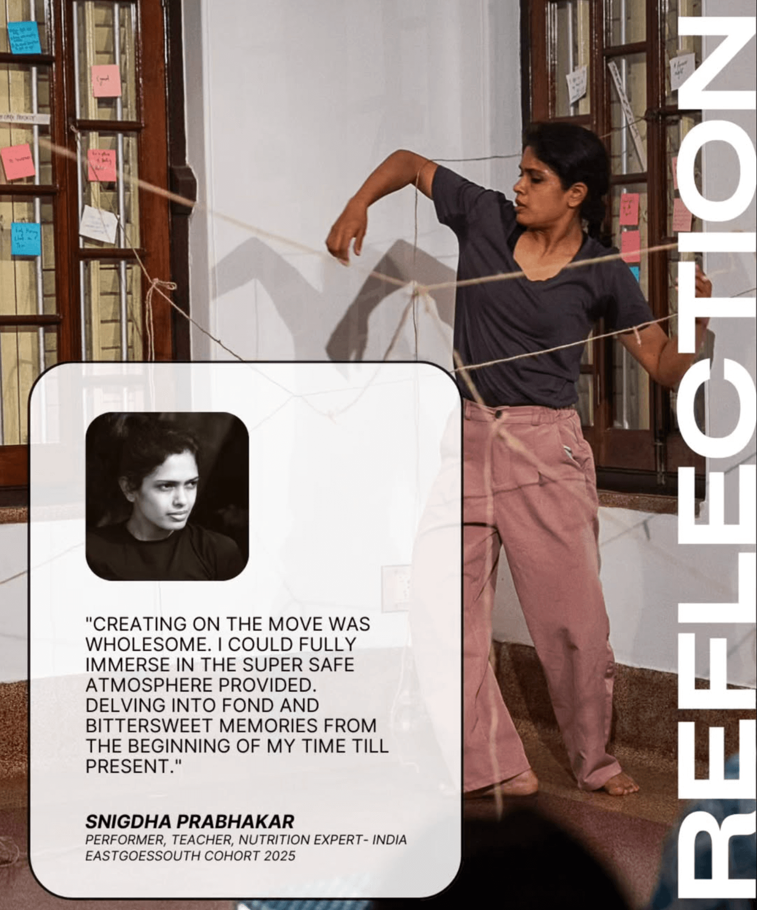 Porträt einer Frau aus Indien, die sich abstrakt in einem Raum mit Schnüren und Notizzetteln bewegt, mit einer persönlichen Notiz von ihr.