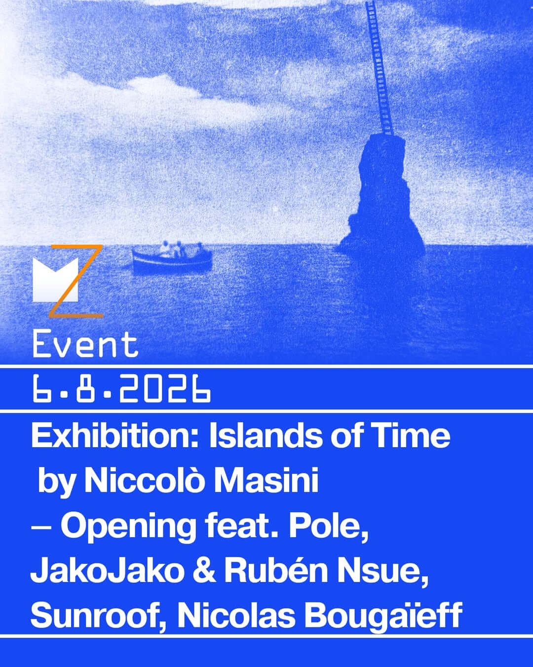 A blue graphic featuring a boat, an island in the sea and text overlay.