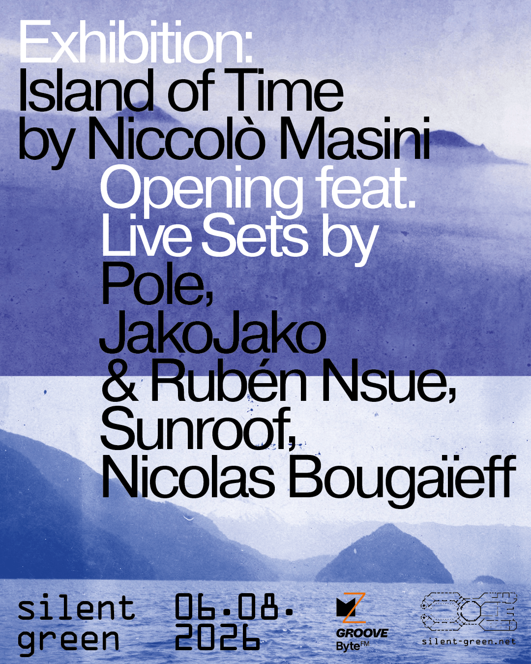 blue poster with the shape of islands in the backrund and text overlay of an announcement