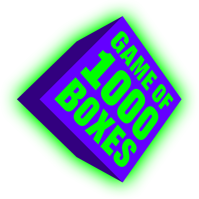 the Game of 1000 Boxes logo, a purple and green glowing 3D cube with the words 'Game of 1000 Boxes' on the face of the cube