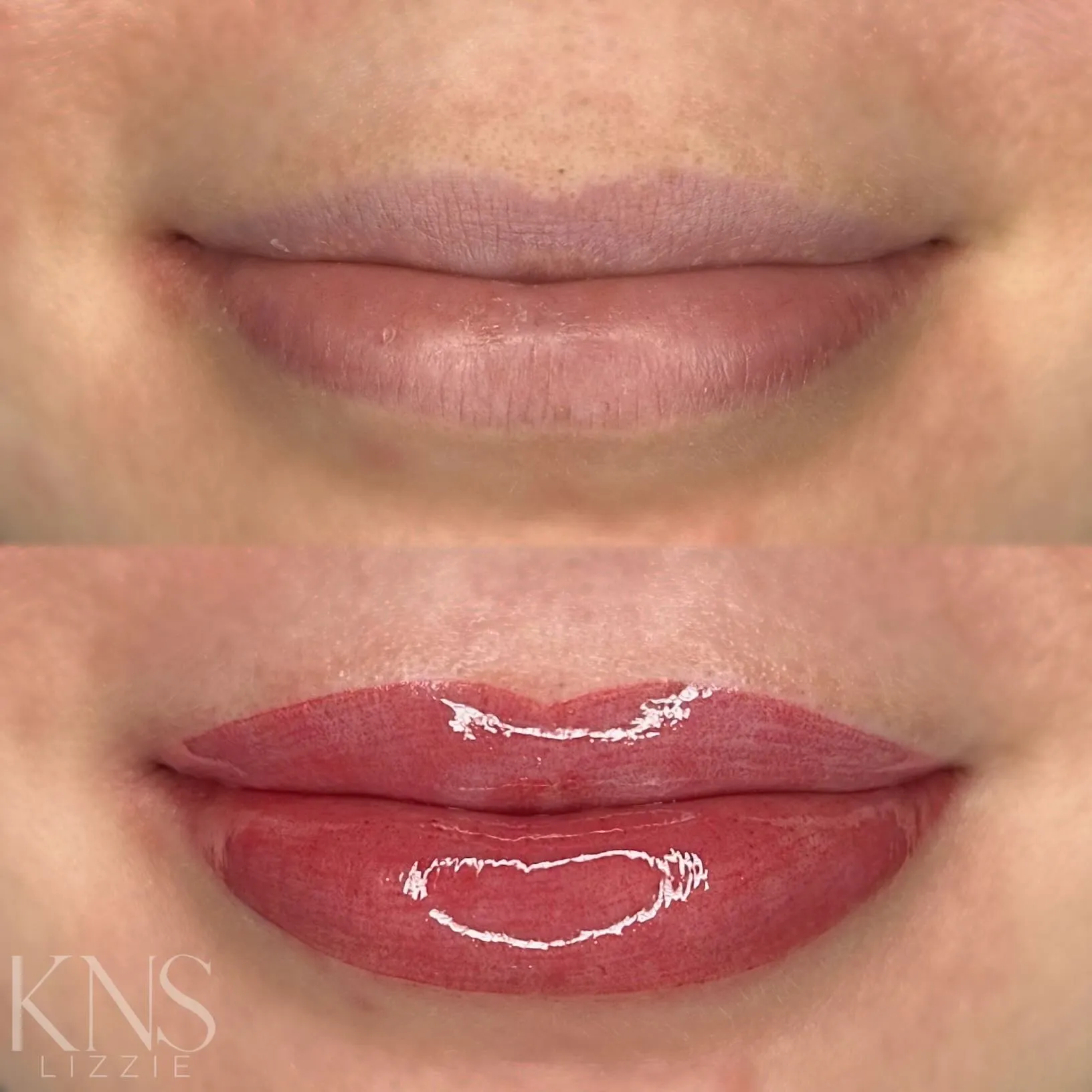 Lip blushing before-and-after for pale lips — healed results at Kendra Neal Studio