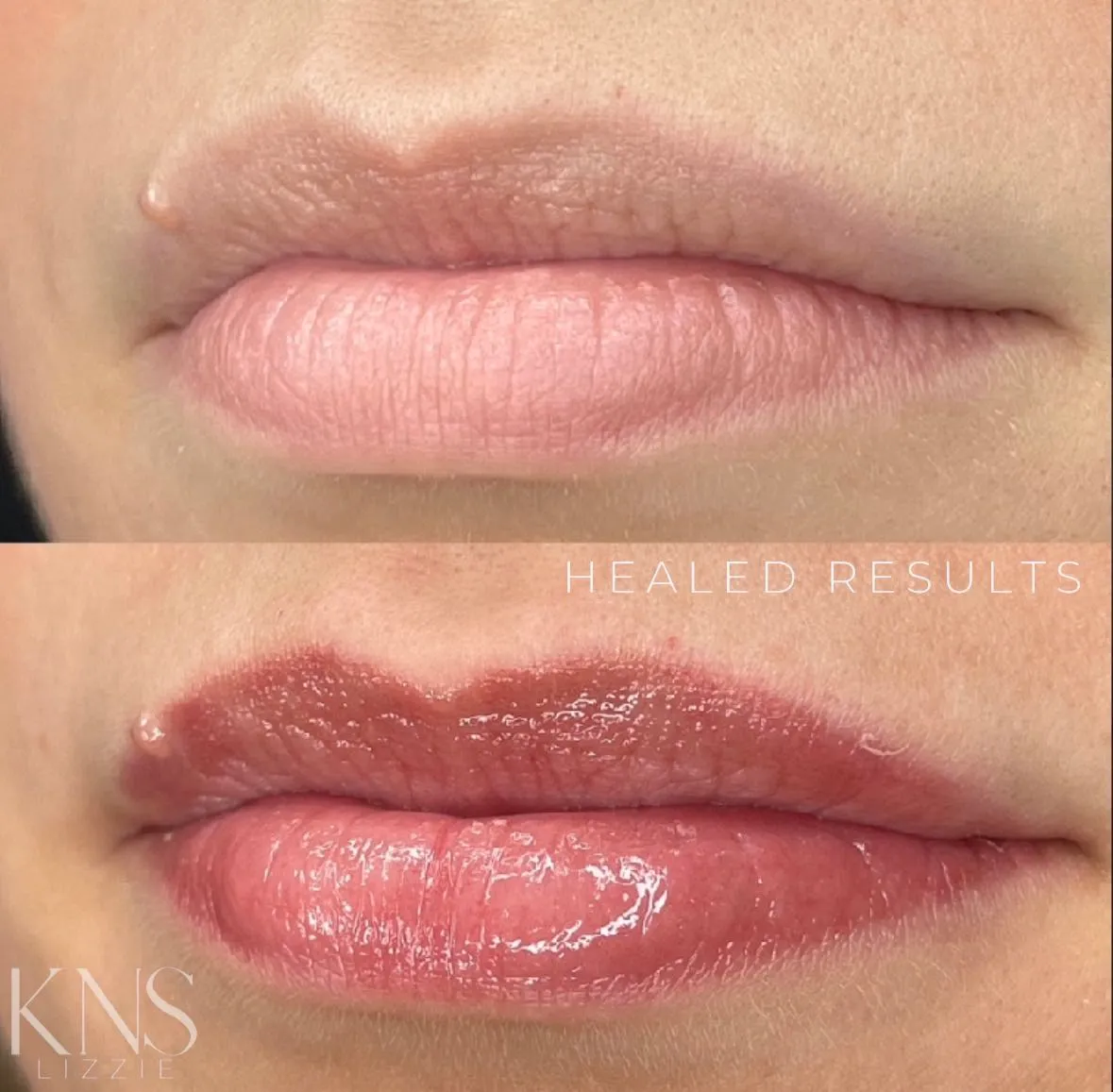 Lip blushing before-and-after for pale lips, deeper rose-toned result — healed results at Kendra Neal Studio
