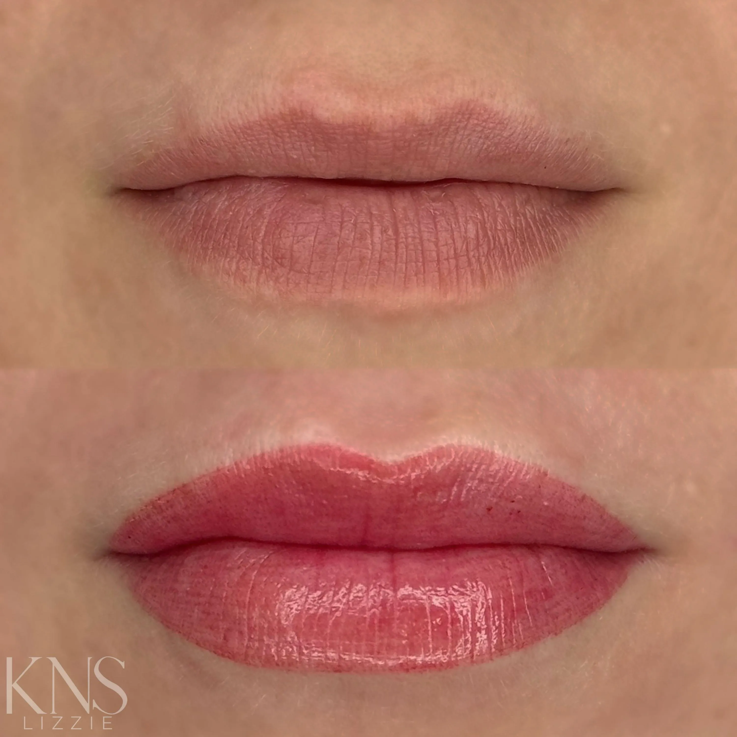 Lip blushing before-and-after for pale, uneven lip color — healed results at Kendra Neal Studio