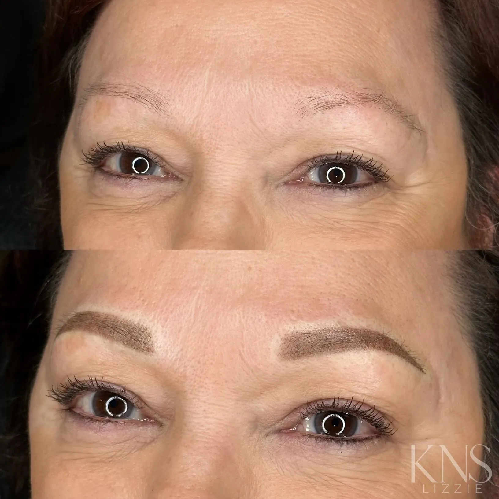Powderbrow before-and-after on a mature client — healed results at Kendra Neal Studio