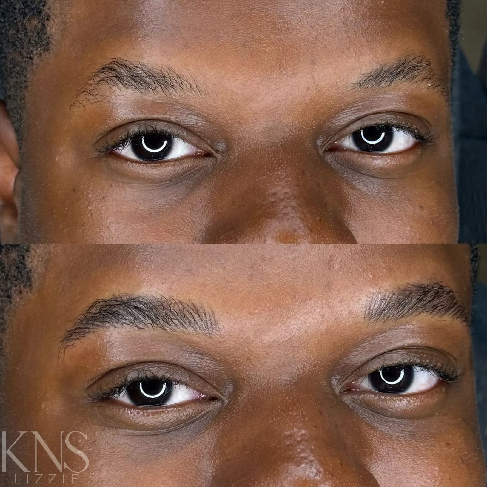 Men's nanobrow before-and-after on a deeper skin tone — healed results at Kendra Neal Studio
